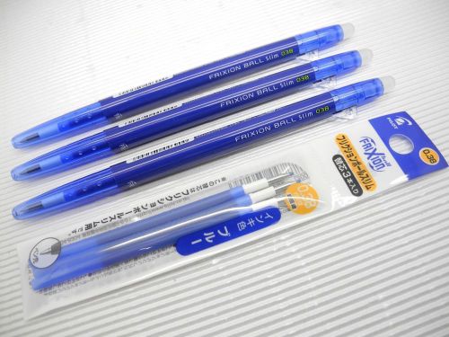 Pilot FriXion Slim 0.38mm Retractable 3 Roller Ball Pens + 3 Refills, BLUE