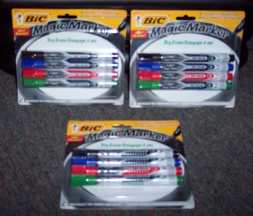 3 NEW PKGS BIC DRY ERASE MAGIC MARKERS - 4 COLORS PER PKG FINE BULLET TIP