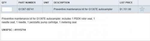 Agilent part number g1367-68741 Preventive maintenance kit for G1367E autosample