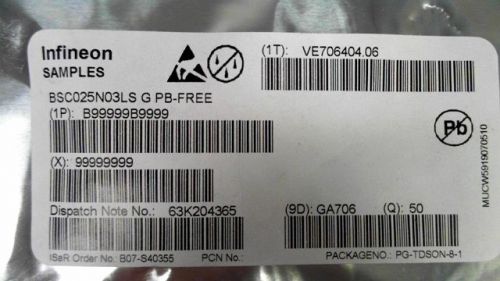 50-PCS N-CHANNEL 30V 100A INFINEON BSC025N03LS G 025N03 BSC025N03LSG