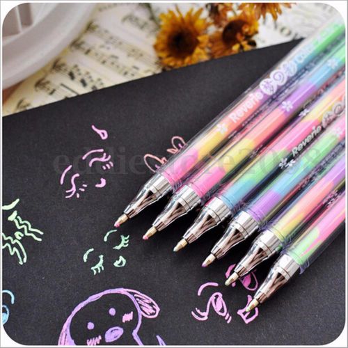 6PCs 6-Colour in 1 Marker Pens Highlighter Ballpoint Liquid Stationary Pen 0.5mm