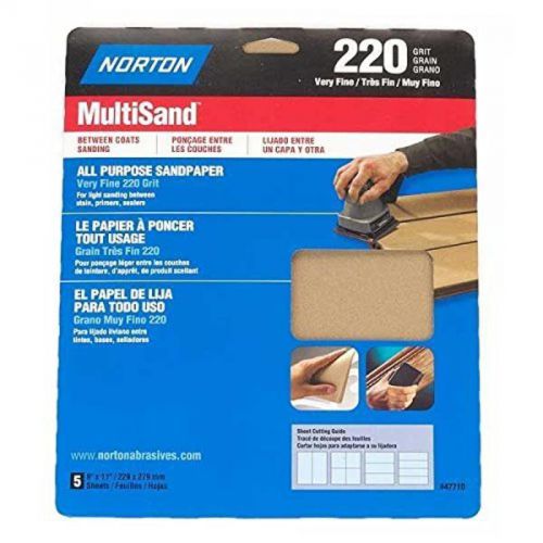 5Pk 9&#034; x 11&#034; 220 Grit Very Fine Sheets Norton Paint Sundries 7660747710