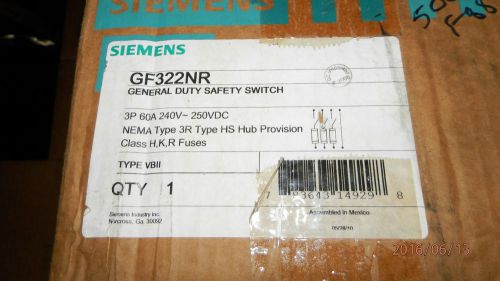 nib  3p 4w 60a 208/240v 3 phase outdoor  safety switch fusible GF322NR SIEMENS