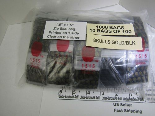 1000 GOLD SKULLS ON BLACK DESIGN 1 1/2&#034; X 1 1/2&#034; 2 MILL PLASTIC ZIP SEAL BAGS