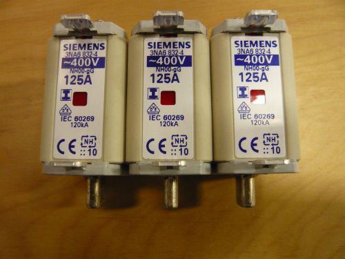 **3 PACK** SIEMENS 125A, 400VAC FUSE 3NA6 832-4, LV HRC GL/GG, SIZE 00