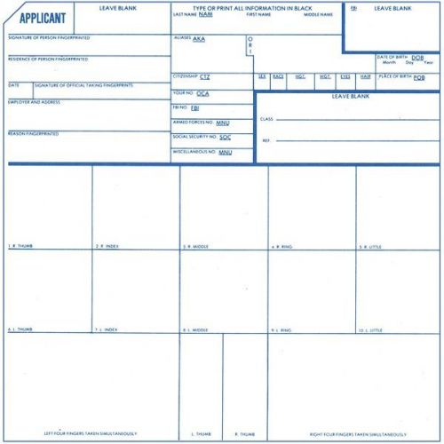 Armor Forensics 2-6506 FBI &amp; Immigration Applicant Fingerprint Cards Pack of 100