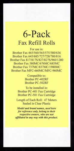 6-pack of pc-402rf fax film refill rolls for brother fax mfc-660mc and mfc-960mc for sale