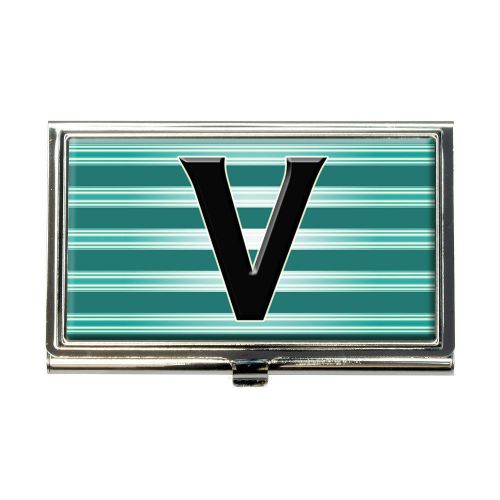 Letter V Initial Black Teal Stripes Business Credit Card Holder Case