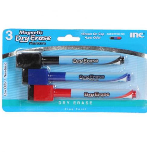 New Fine Point Dry Erase Marker RED, BLUE &amp; BLACK Markers, 3count Pack w/magnets