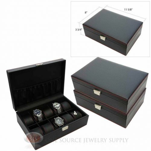 3 Piece 10 Watch Solid Top Black Carbon Fiber Pattern Leather  Displays Cases