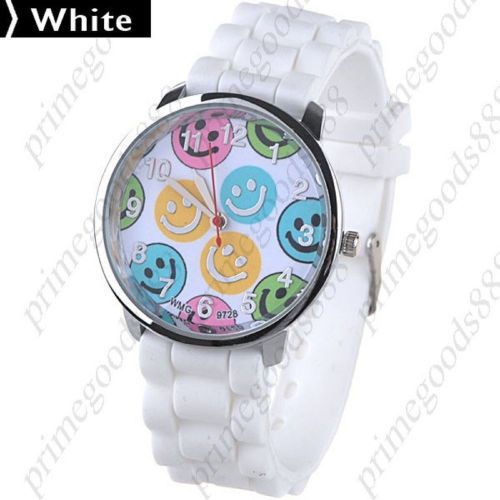 Smile Round Case Analog Rubber Quartz Wrist Wristwatch Women&#039;s Smiley Face White