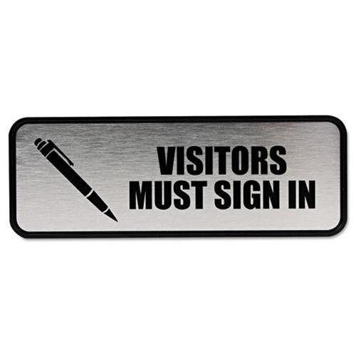 Consolidated stamp 098212 brushed metal office sign, visitors must sign in, 9 x for sale