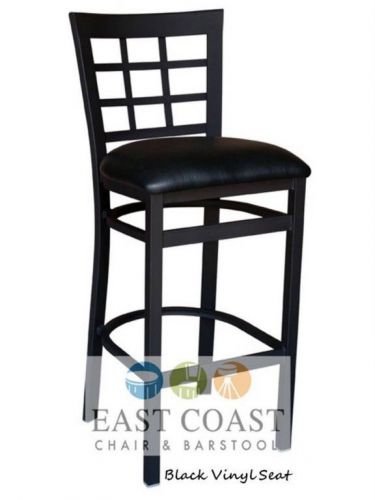 New Gladiator Window Pane Metal Restaurant Bar Stool with Black Vinyl Seat