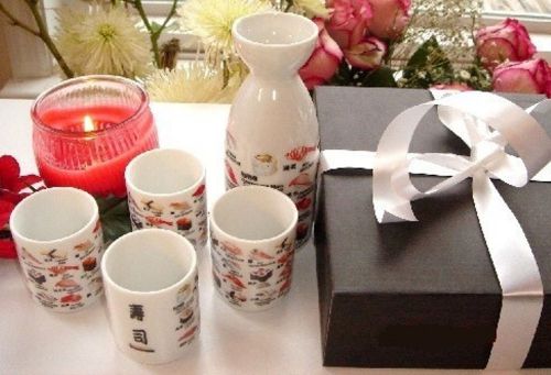 5 pc japanese sushi printed sake set: 1 bottle + 4 cups in original black box for sale