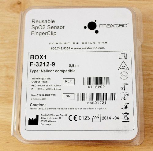 Maxtec SpO2 Finger Sensor Reusable F-3212-9 Nellcor Compatible 7 Pin Retail $130