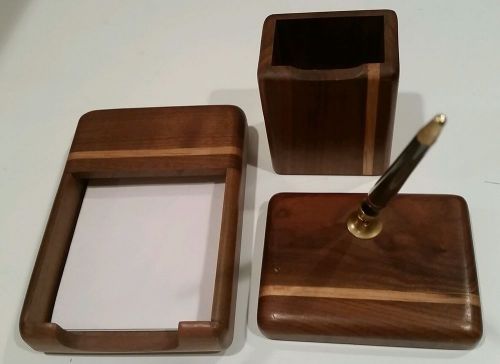 VINTAGE OFFICE DESK 3 PIECE WOOD MEMO PAD HOLDER, CARD HOLDER &amp; PEN CASE, NICE