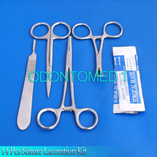 14 PCS SUTURE LACERATION KIT FORCEPS SCISSORS TOWEL CLAMPS SCALPEL HANDLE BLADES