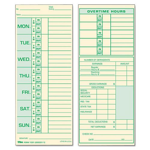 Time Card for Pyramid Model 331-10, Weekly, Two-Sided, 3 1/2 x 8 1/2, 500/Box