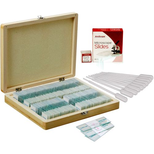 100 Biology Prepared Microscope Slides, Blank Slide Coverslip Set and Pipettes