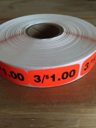 1.25&#034; x .625&#034; 3/$1.00 MERCHANDISE LABELS 1000 PER ROLL FL RED BLACK STICKER