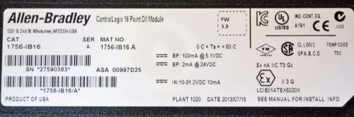 Allen Bradley 1756-IB16 DC Input Modules 10-31 VDC Input 16 Pts  2013 Date Code