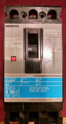 Siemans ed43b080 circuit breaker  80 amp 3 pole  480 volt for sale