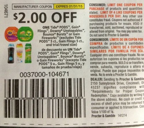 10 Coupons $2 Off one (1) Detergent Exp 1/31/2015
