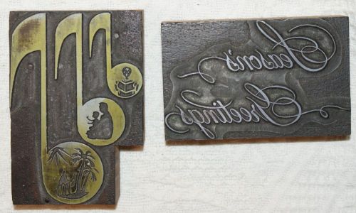 2 Vintage Christmas Letterpress Printers Blocks Seasonings Greetings&amp;Music Notes