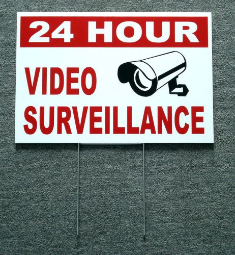 24 HOUR VIDEO SURVEILLANCE Coroplast SIGN 12x18 w/Stake NEW white