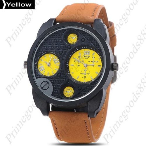 2 Time Zone Leather Strap Wrist Wristwatch Quartz Analog Men&#039;s Black Face Yellow