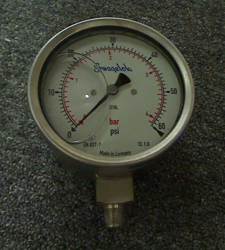 SWAGELOK PRESSURE GAUGE 0-60#,100MM  DIAL,1/4&#034;MNPT,GL Y