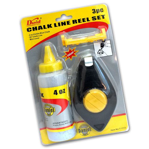 3PC 50ft CHALK LINE REEL SET WITH MINI SPIRIT LEVEL &amp; 4oz BLUE CHALK CHALKLINE