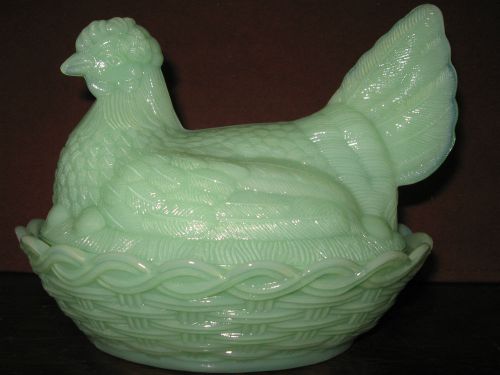 Jadeite glass hen chicken on nest basket candy butter dish rooster jadite / jade