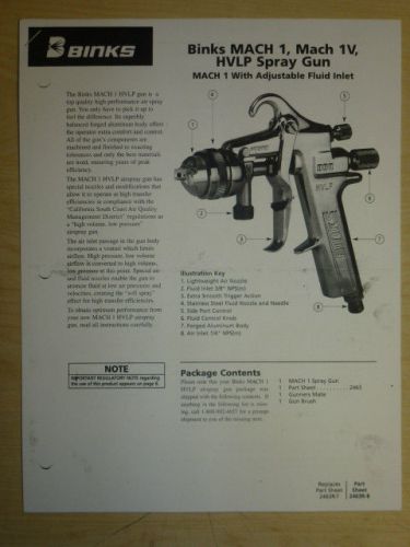 Binks mach 1, mach 1v hvlp air spray gun parts / user manual for sale