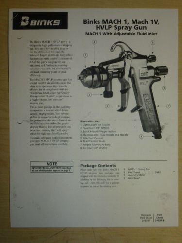 BINKS MACH 1, MACH 1V HVLP AIR SPRAY GUN PARTS / USER MANUAL