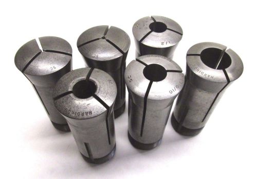 6 HARDINGE ASSORTED 5C COLLETS - 1/16&#034;, 3/32&#034;, 1/2&#034;, 33/64&#034;, 9/16&#034;, 25/32&#034;