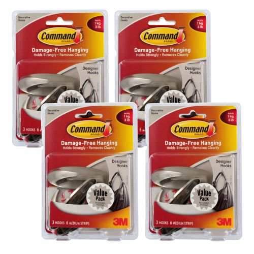 3M Command Three lb. Capacity Medium Designer Hooks, Brushed Nickel, Pack of 12