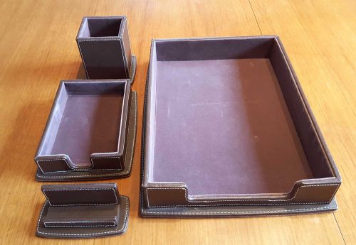 4 Piece Leatherette Office Desk Set Brown Letter Tray Business Card Pen Holder