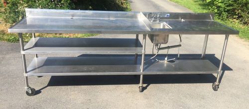 10&#039; Stainless Steel Work Prep Table With Sink, Backsplash, Undershelf, Casters