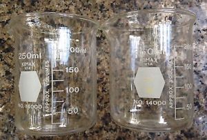 Pair laboratory kimax 250ml low form griffin beakers  flask scientific glassware for sale