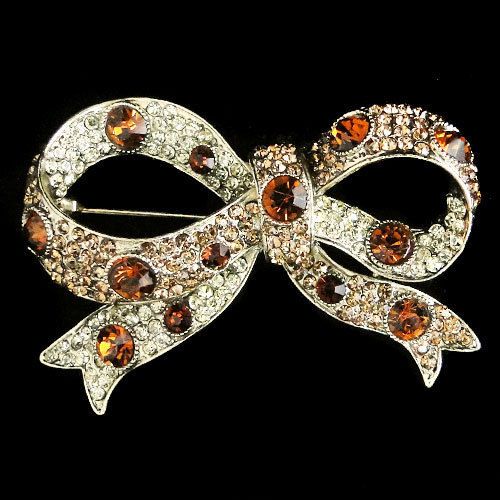 Chic bowknot ribbon pin brooch topaz austrian crystal for sale