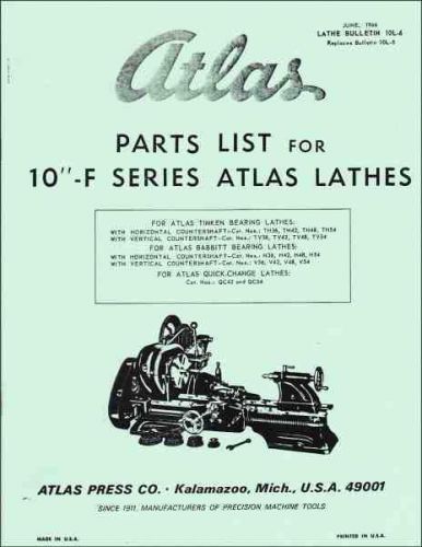 Atlas lathe 10 inch parts list – 1966 - reprint for sale