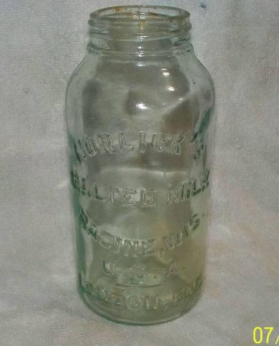 BOTTLE JAR HORLICK&#039;S MALTED MILK  AQUA GREEN EMBOSSED RACINE WIS USA &amp; LONDON