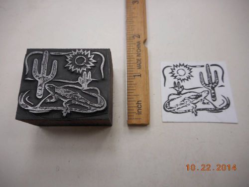 Letterpress Printing Printers Block, Lizard &amp; Saguaro Cactus in Desert