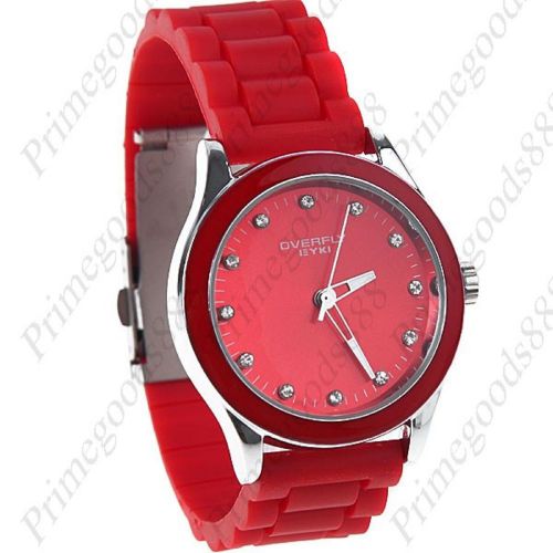 Silver round rubber band rhinestones wrist quartz wristwatch women&#039;s red for sale