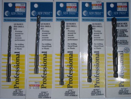 New Twist QUIKHEX HSS Drill Bits 3/16&#034;, 7/32&#034;, 1/4&#034;, 9/32, &amp; 5/16&#034; NEW