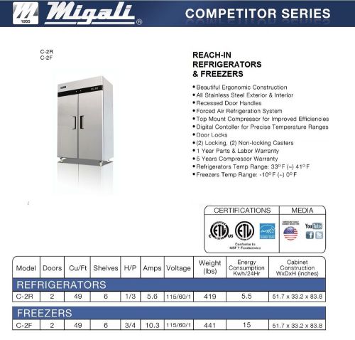 Migali two door upright reach-in refrigerator c-2r - free shipping!! for sale