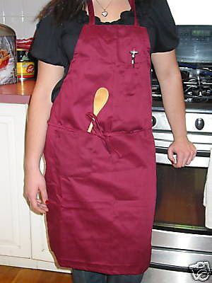 Restaurant Bib Apron Full Length 2 Pockets-Burgundy New