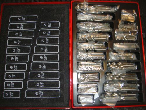 New drill bit lot 1/16 -3/8 135 pc. set w/ red metal case heavy plastic tray NR