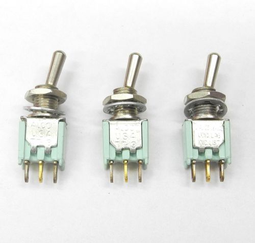 Lot of three alco tt13d-2t spdt on-on 3/16&#034; bat handle tiny toggle switches. ms for sale